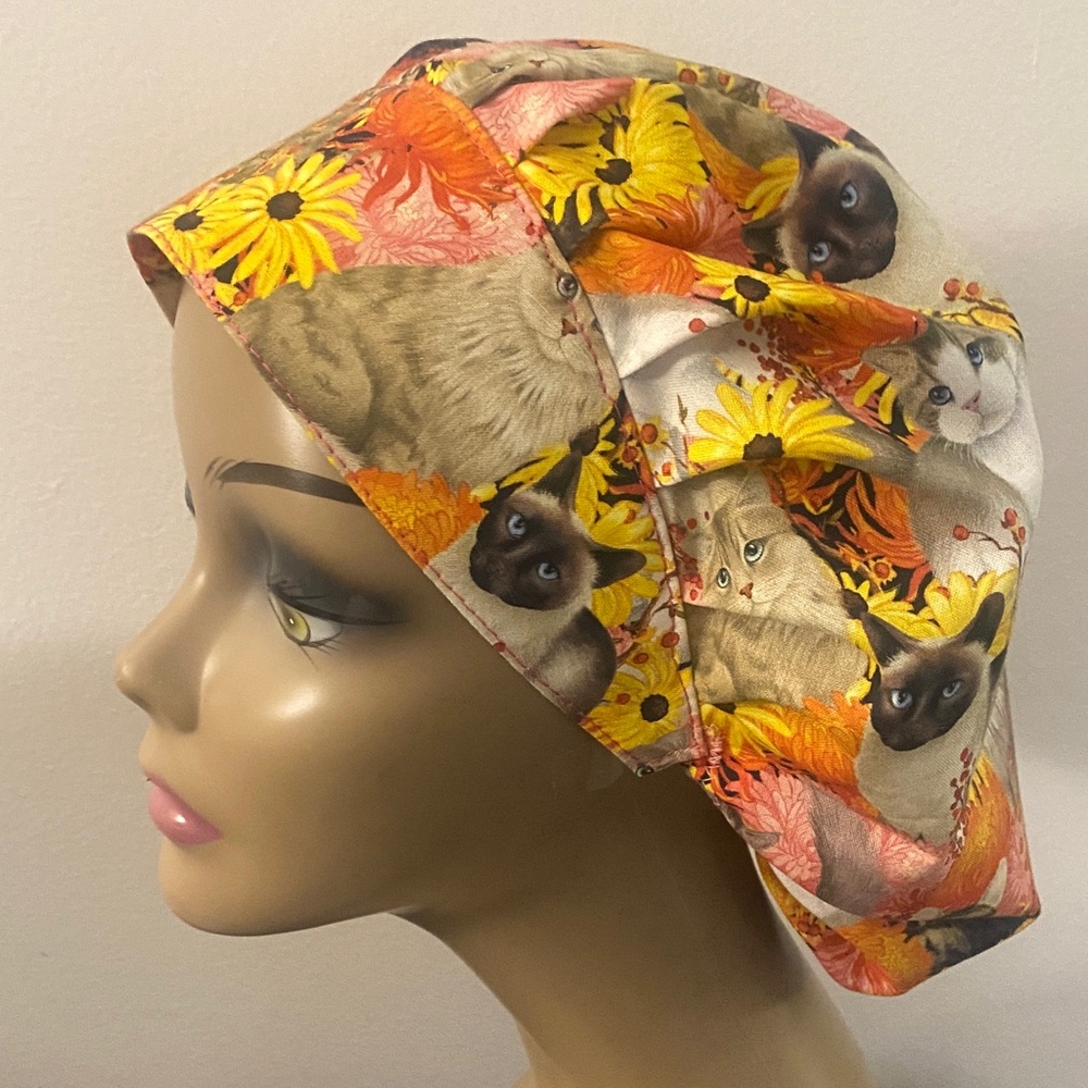 Bouffant Medical Scrub Hat Floral Cat Print adjustable with toggle